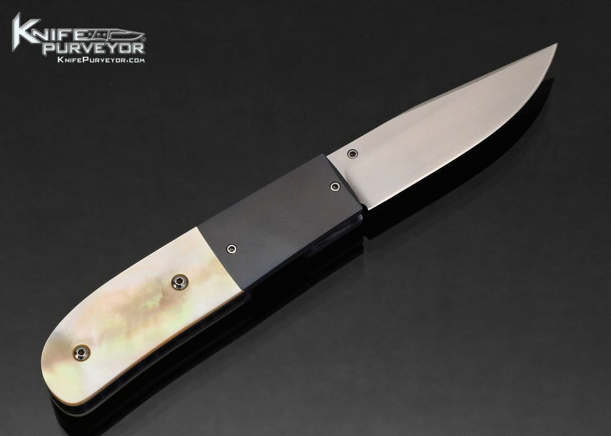 Melvin Gurganus Custom Knife Anodized Titanium Bolsters with Gold Lip Pearl Linerlock #002