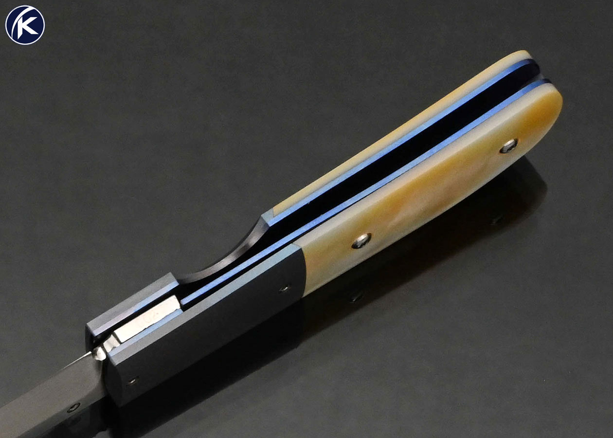 Melvin Gurganus Custom Knife Anodized Titanium Bolsters with Gold Lip Pearl Linerlock #002