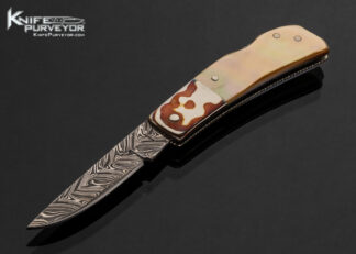 Mike Whiskers Allen Custom Knife Damascus and Mokume Bolsters with Gold Lip Pearl Lockback 17645