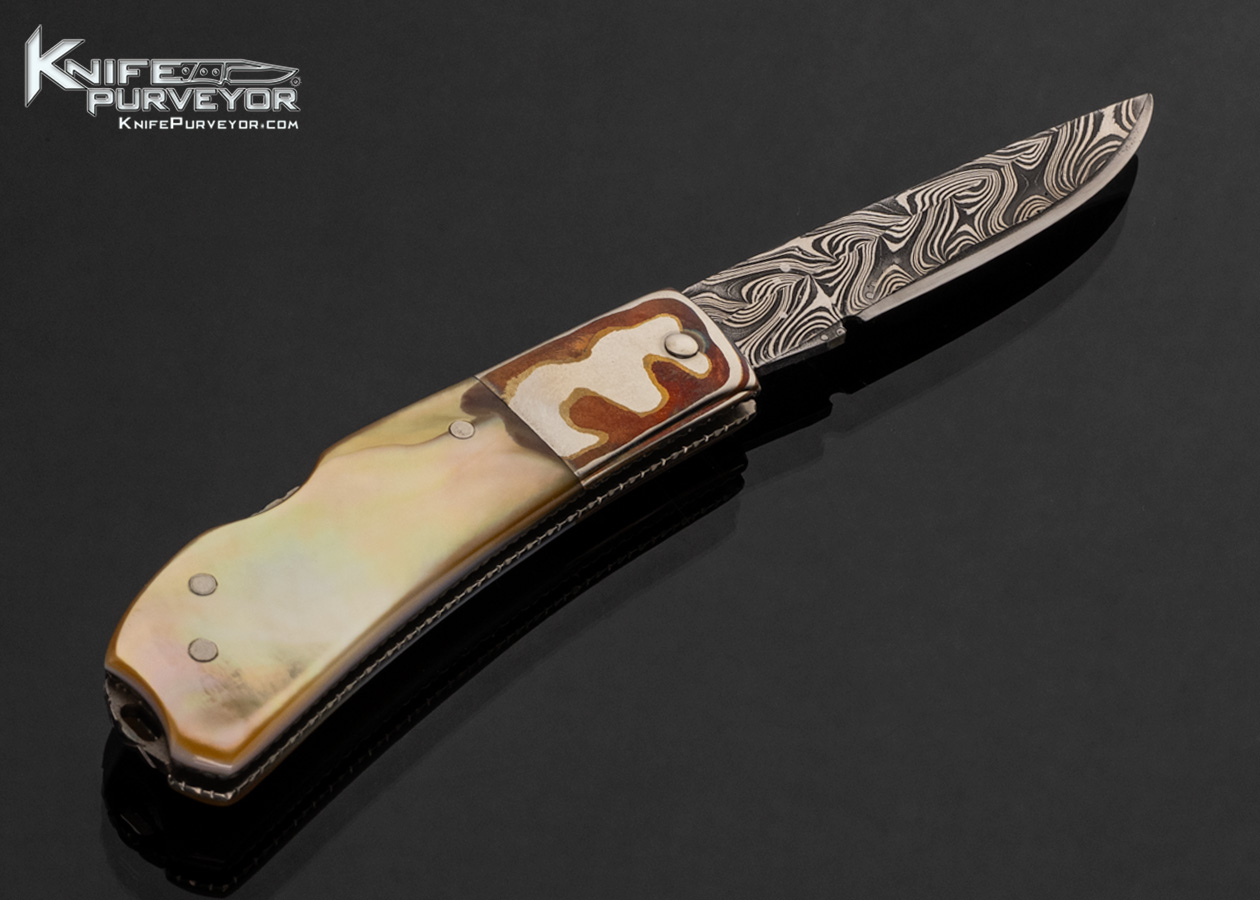 Mike Whiskers Allen Custom Knife Damascus, Mokume Bolsters and Gold Lip Pearl Lockback - Image 2