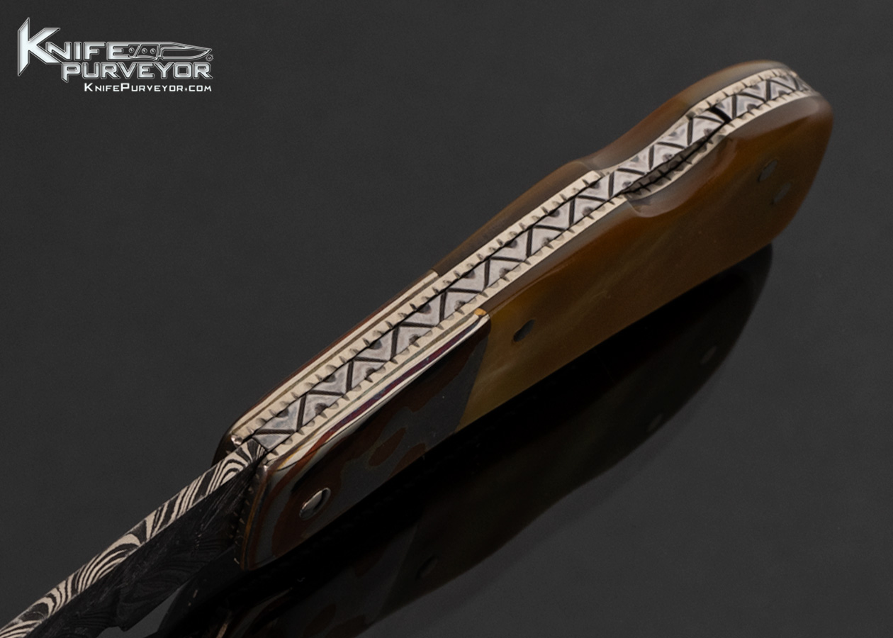 Mike Whiskers Allen Custom Knife Damascus, Mokume Bolsters and Gold Lip Pearl Lockback - Image 3
