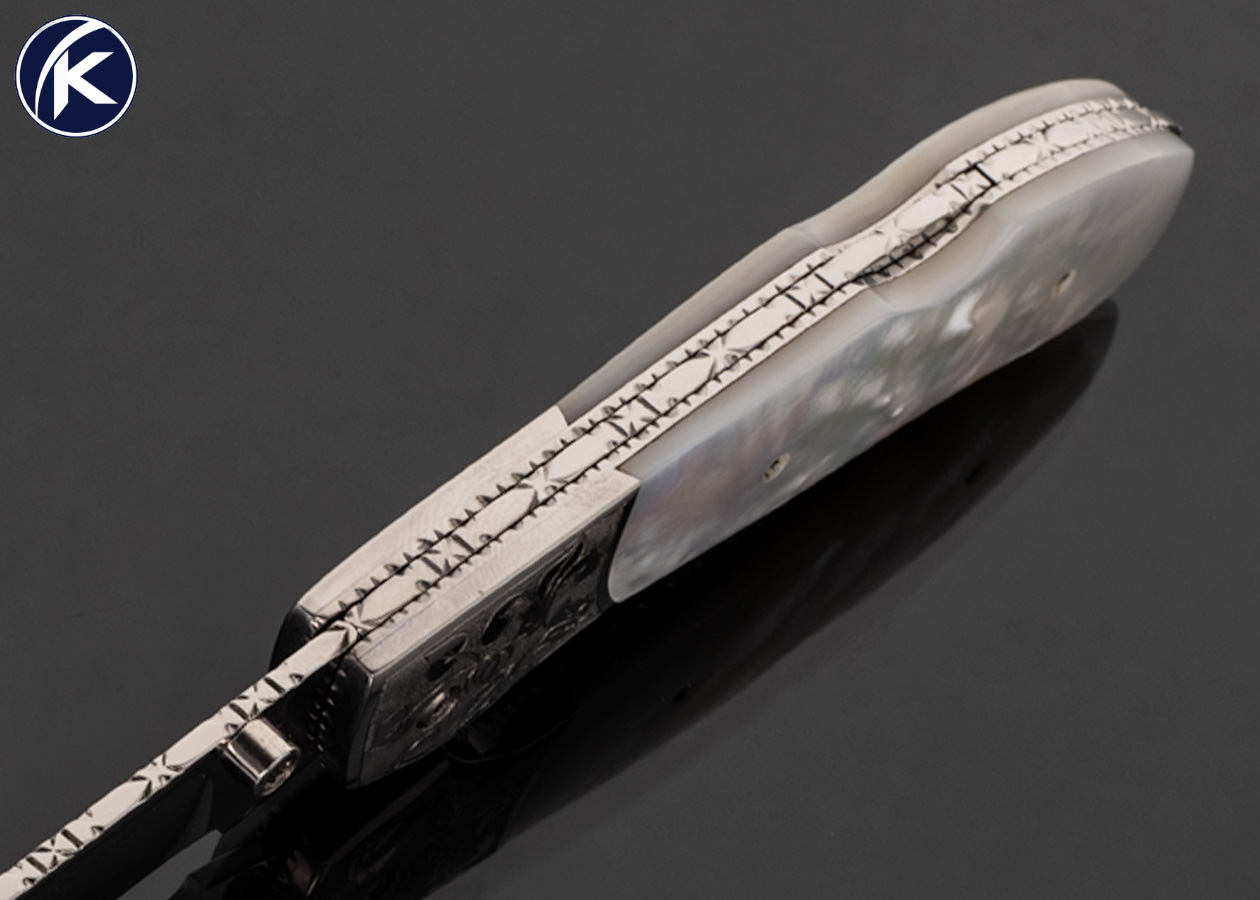 Mike Whiskers Allen Custom Knife Sole Authorship Engraved Mirror Polished with Mother of Pearl Lockback 01 of 10 - Image 5