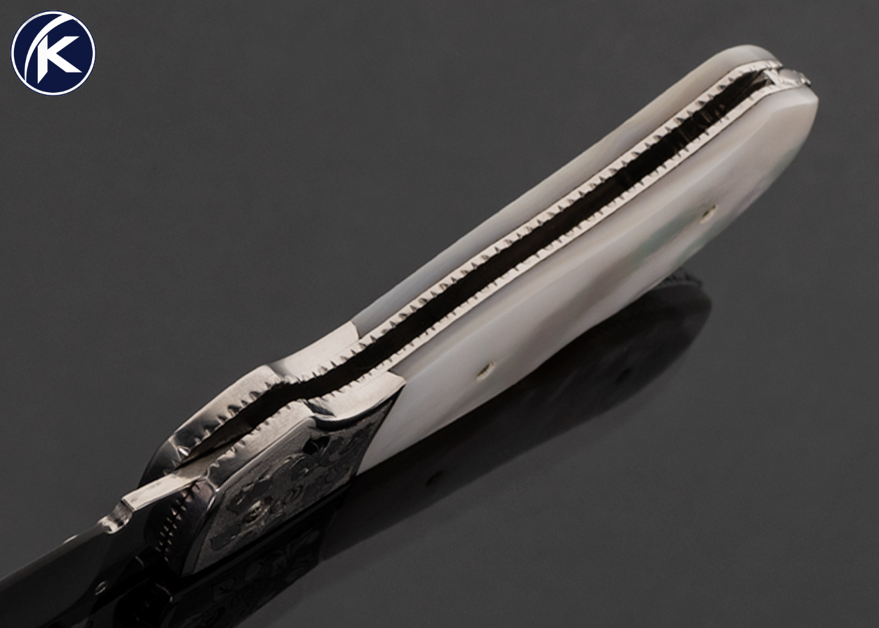 Mike Whiskers Allen Custom Knife Sole Authorship Engraved Mirror Polished with Mother of Pearl Lockback 01 of 10 - Image 6