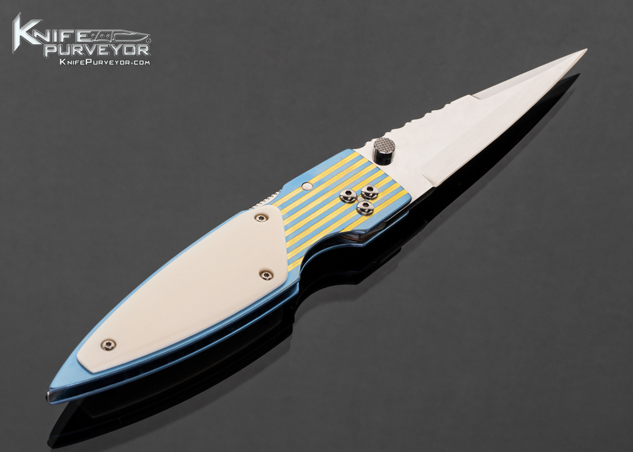 Phil Boguszewski Custom Knife Blue and Gold Titanium Frame with Mammoth Scales Lockback - Image 2