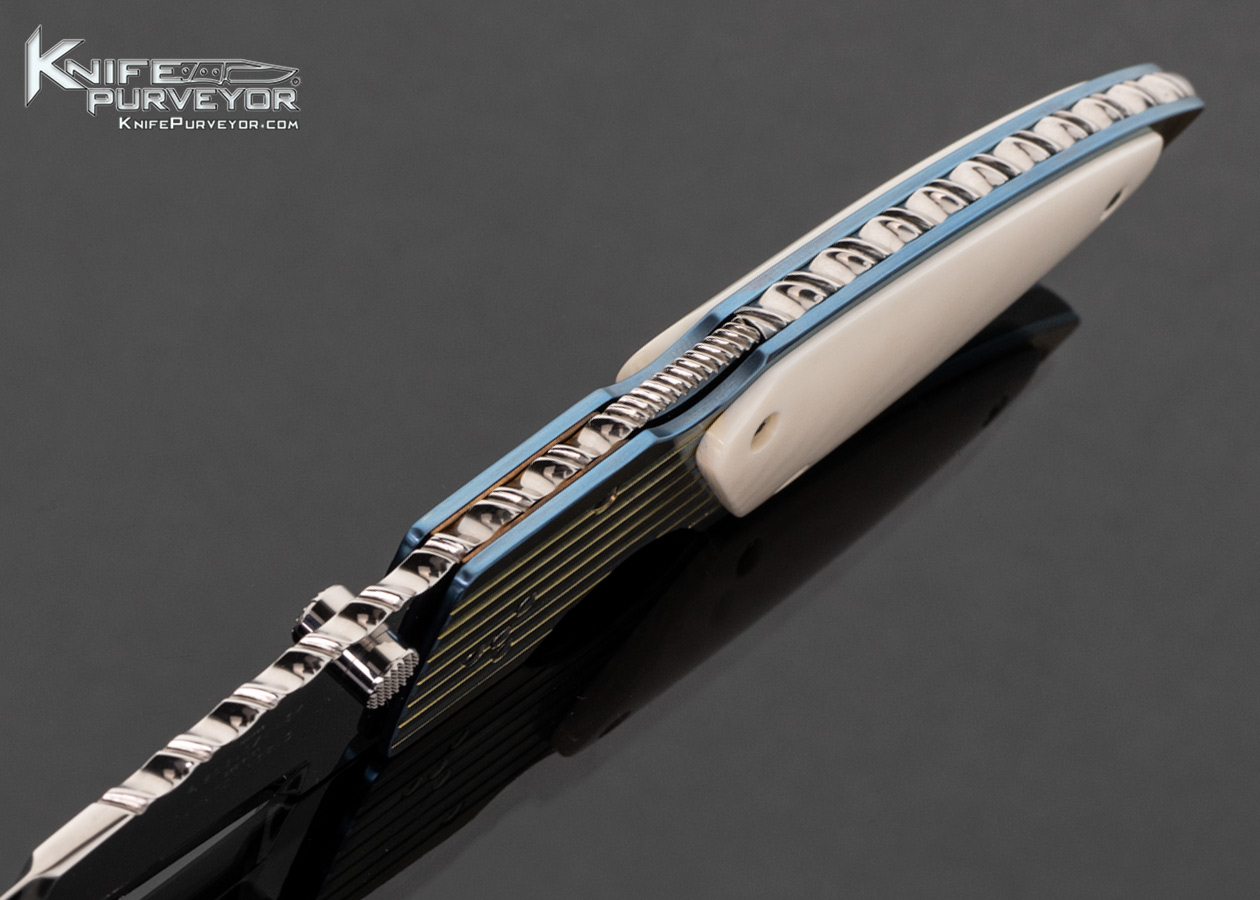 Phil Boguszewski Custom Knife Blue and Gold Titanium Frame with Mammoth Scales Lockback - Image 3