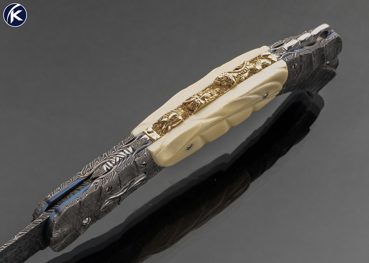 Ralph Selvideo Custom Knife Custom Knife Double Bolstered with Carved Mammoth D/A Automatic