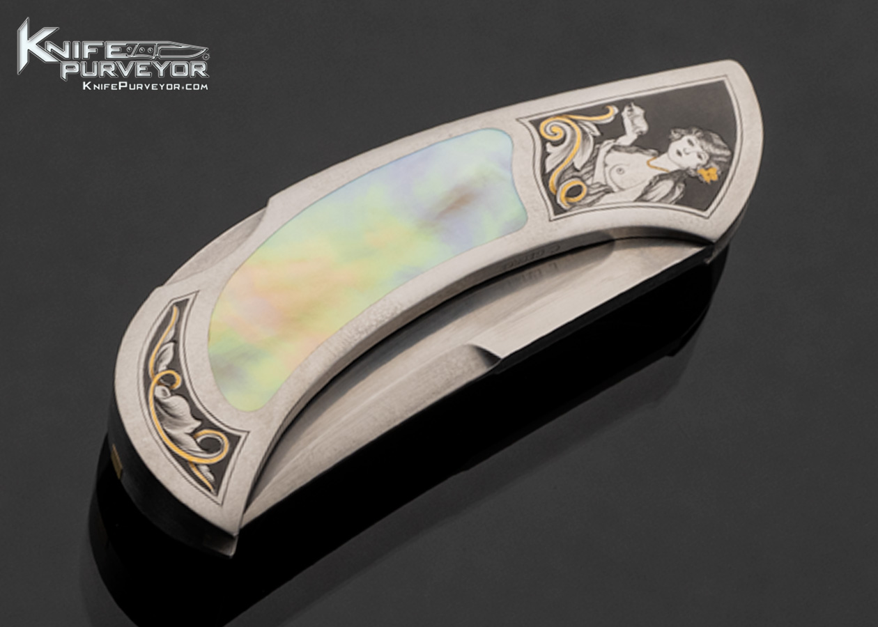 Rick Genovese Custom Knife Gold Lip Pearl Interframe Persian Lockback with Gold Toothpick Engraved by Christy George - Image 3