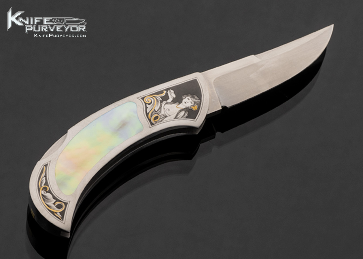 Rick Genovese Custom Knife Gold Lip Pearl Interframe Persian Lockback with Gold Toothpick Engraved by Christy George - Image 4