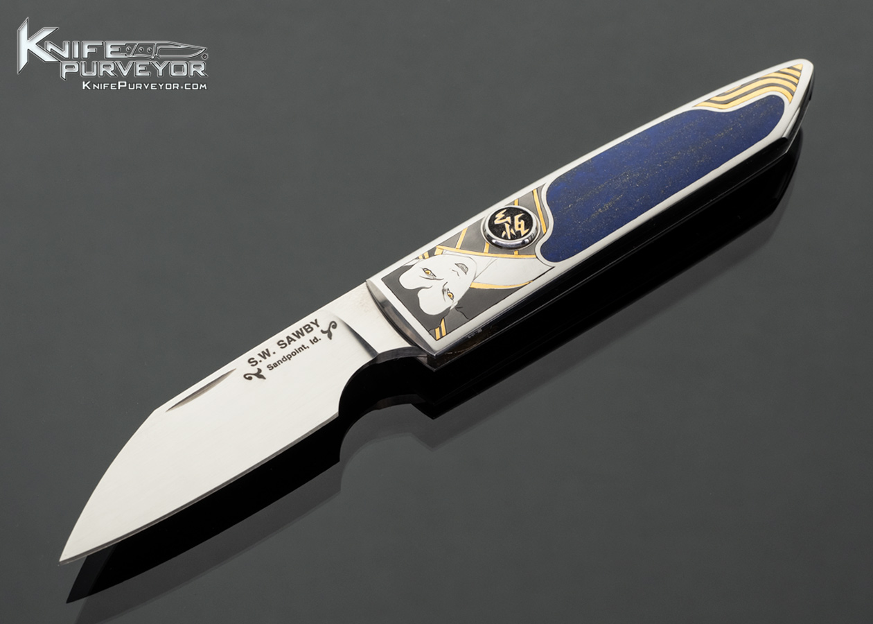 Scott Sawby Custom Knife "After Patrick Nagel" Engraved with Gold Inlays by Christy George with Gem Quality Lapis Interframe 17643