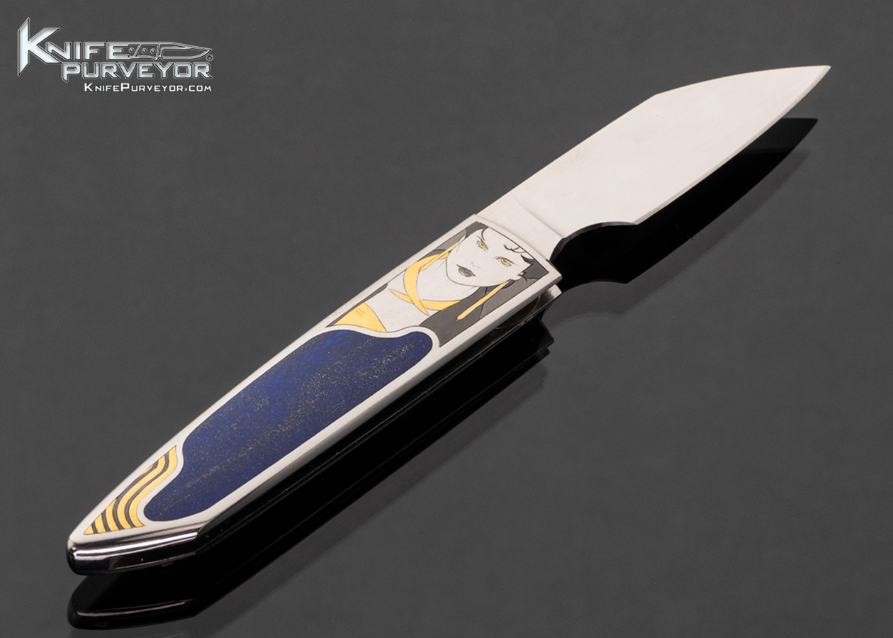 Scott Sawby Custom Knife "After Patrick Nagel" Engraved with Gold Inlays by Christy George with Gem Quality Lapis Interframe - Image 2
