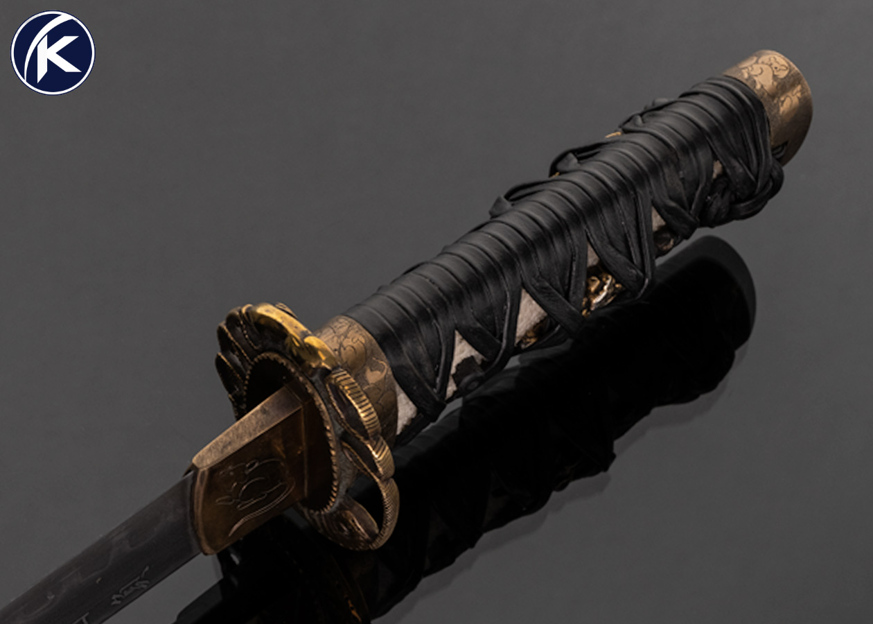 Scott Slobodian Custom Knife Engraved and Carved Brass Guard with Stingray and Leather Wrapped Aichunchi Tanto with California Buckeye Scabbard 17737