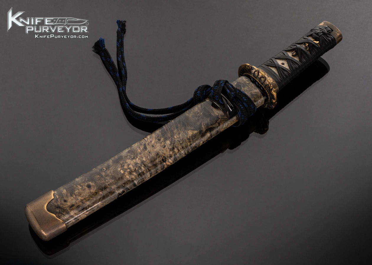 Scott Slobodian Custom Knife Engraved and Carved Brass Guard with Stingray and Leather Wrapped Aichunchi Tanto with California Buckeye Scabbard - Image 2