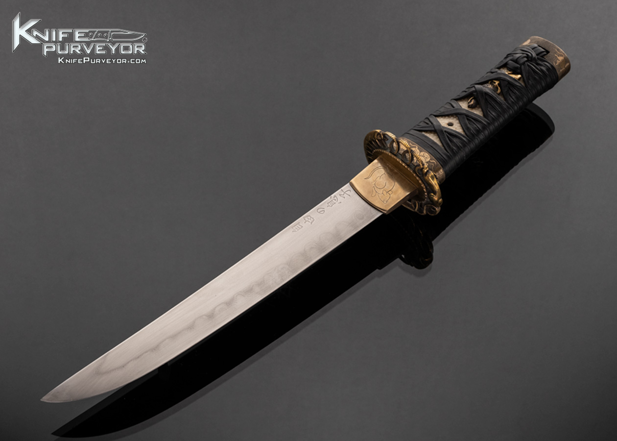 Scott Slobodian Custom Knife Engraved and Carved Brass Guard with Stingray and Leather Wrapped Aichunchi Tanto with California Buckeye Scabbard 17737