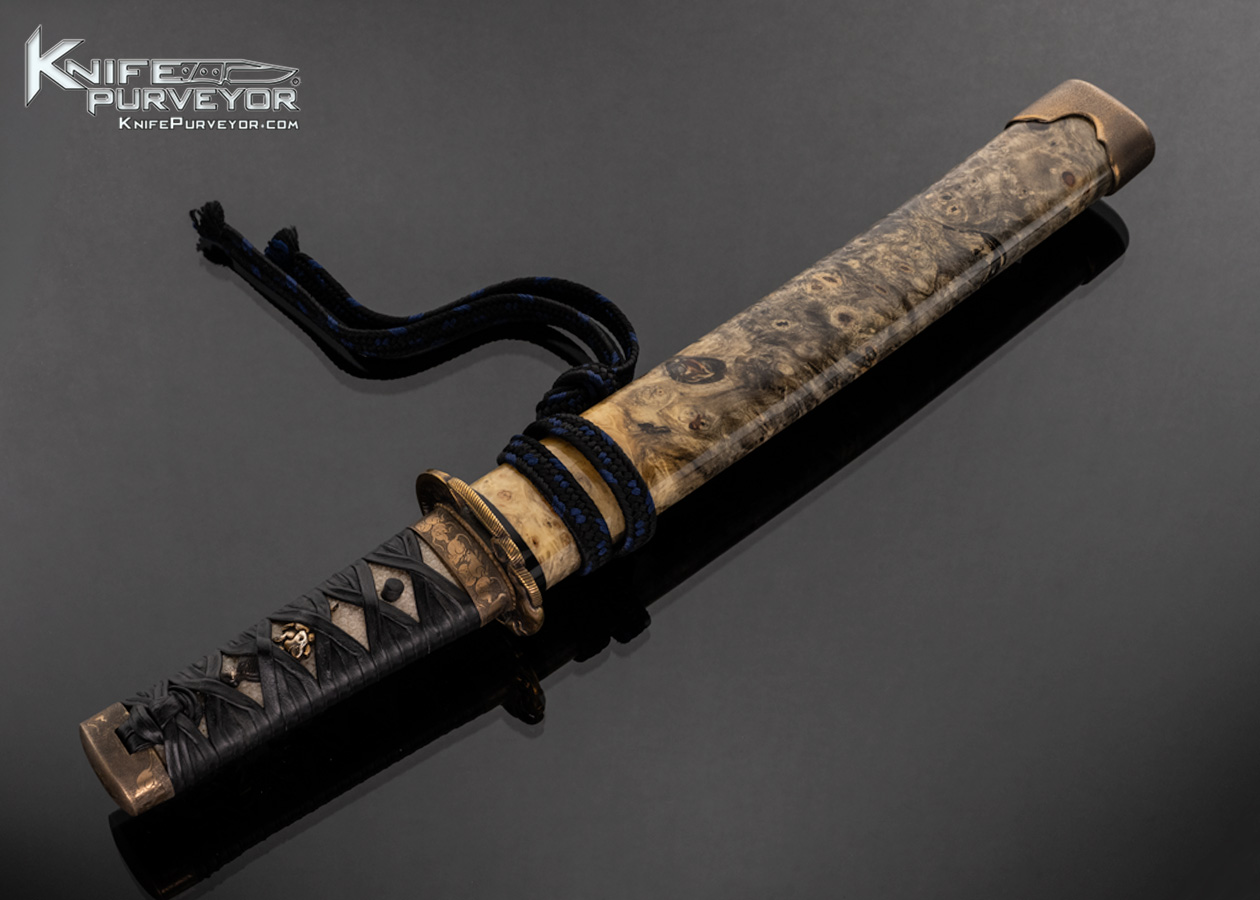 Scott Slobodian Custom Knife Engraved and Carved Brass Guard with Stingray and Leather Wrapped Aichunchi Tanto with California Buckeye Scabbard - Image 5