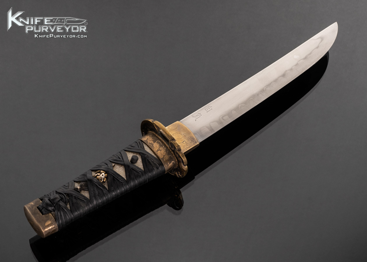 Scott Slobodian Custom Knife Engraved and Carved Brass Guard with Stingray and Leather Wrapped Aichunchi Tanto with California Buckeye Scabbard - Image 4