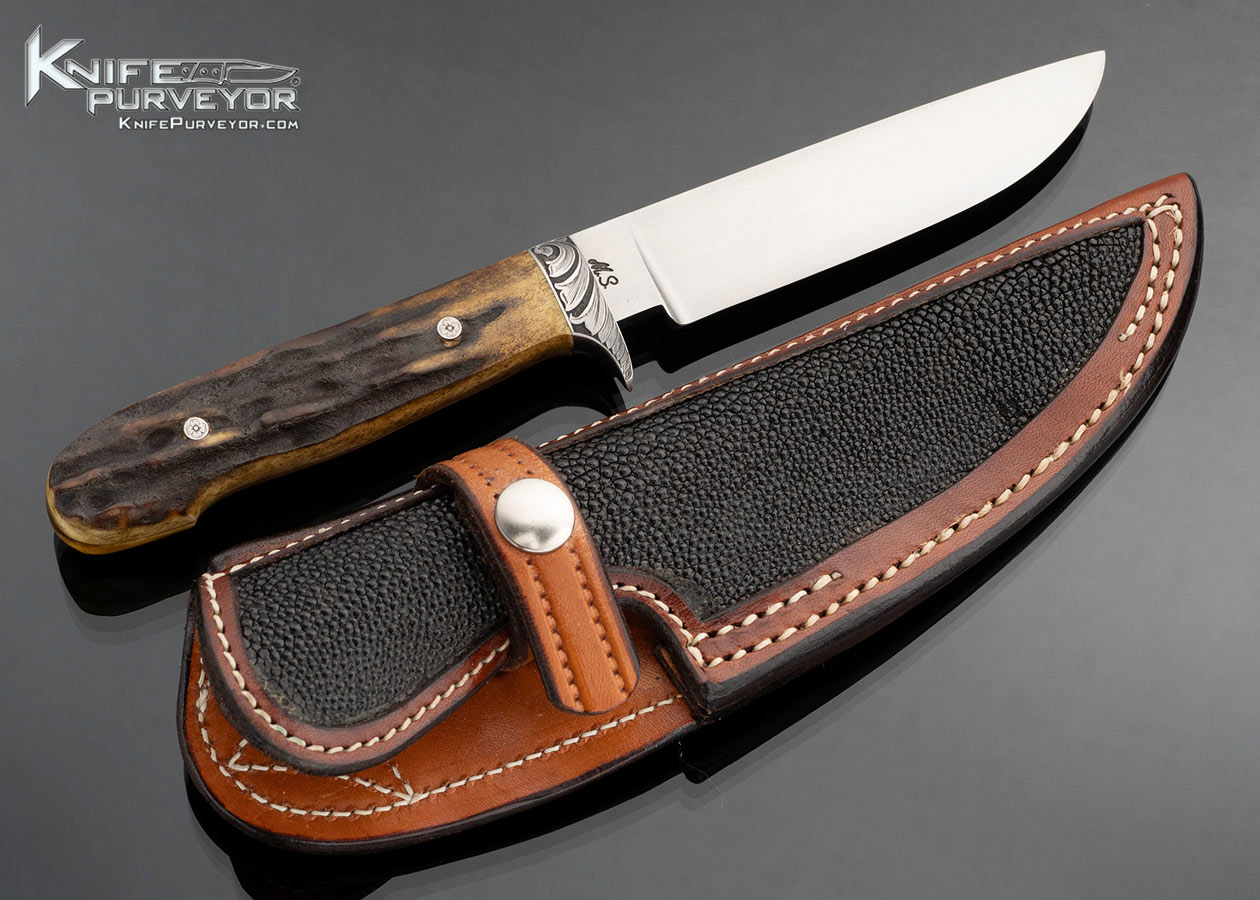 Steve Dunn Custom Knife Custom Knife Engraved Guard with Amber Stag Fixed Blade