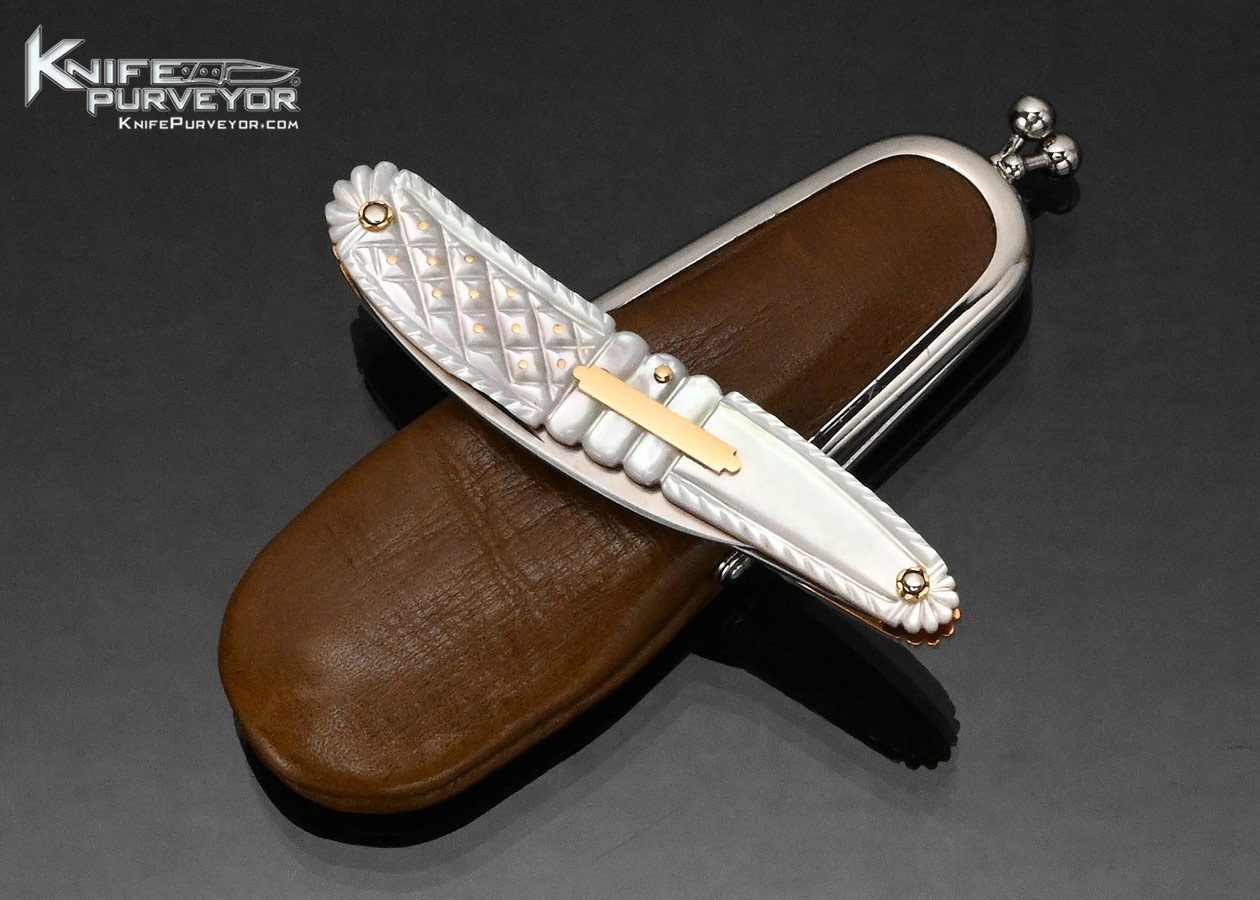 Tomohari Hamada Custom Knife Piqued Mother Of Pearl Scales with 18kt Escutcheon and Pins 2 Bladed Half Stop Slip Joint