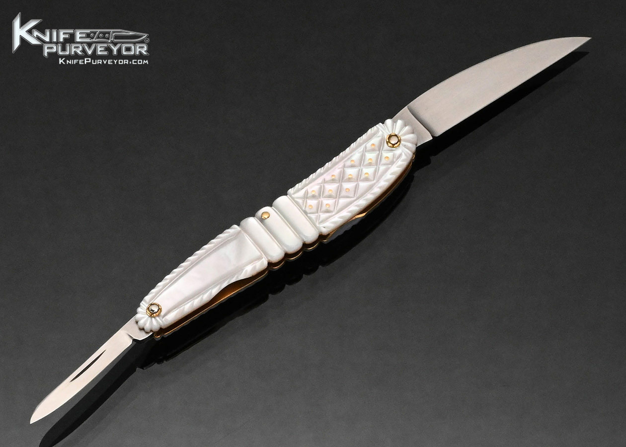 Tomohari Hamada Custom Knife Piqued Mother Of Pearl Scales with 18kt Escutcheon and Pins 2 Bladed Half Stop Slip Joint
