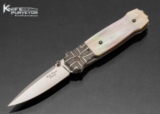 W.D. Pease Custom Knife Robert Eggerling Damascus Bolsters with Gold Lip Pearl Linerlock