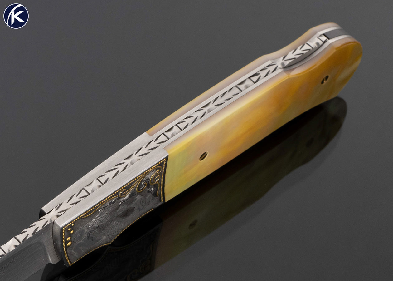 W.D. Pease Custom Knife Mermaids with Gold Inlays Engraved by Julie Warenski with Gold Lip Pearl Lockback #05M43
