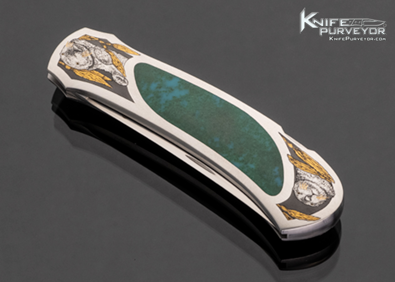 Warren Osborne Custom Knife Chrysocolla Interframe Lockback Sea Otters Engraved by Christy George with 24Kt Gold Inlays #006 - Image 2