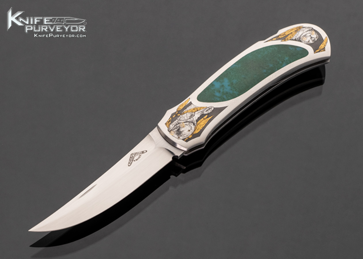 Warren Osborne Custom Knife Chrysocolla Interframe Lockback Sea Otters Engraved by Christy George with 24Kt Gold Inlays #006 17566
