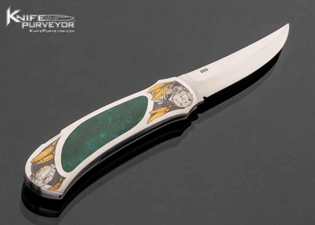 Warren Osborne Custom Knife Chrysocolla Interframe Lockback Sea Otters Engraved by Christy George with 24Kt Gold Inlays #006 - Image 3