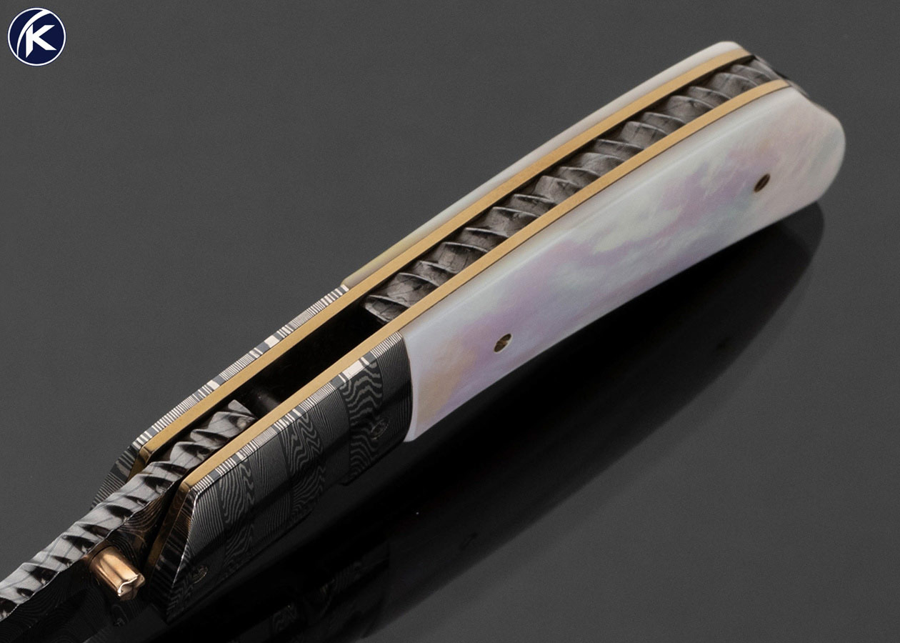 Aaron Frederick Custom Knife Robert Eggerling Damascus and Mother of Pearl Linerlock - Image 4