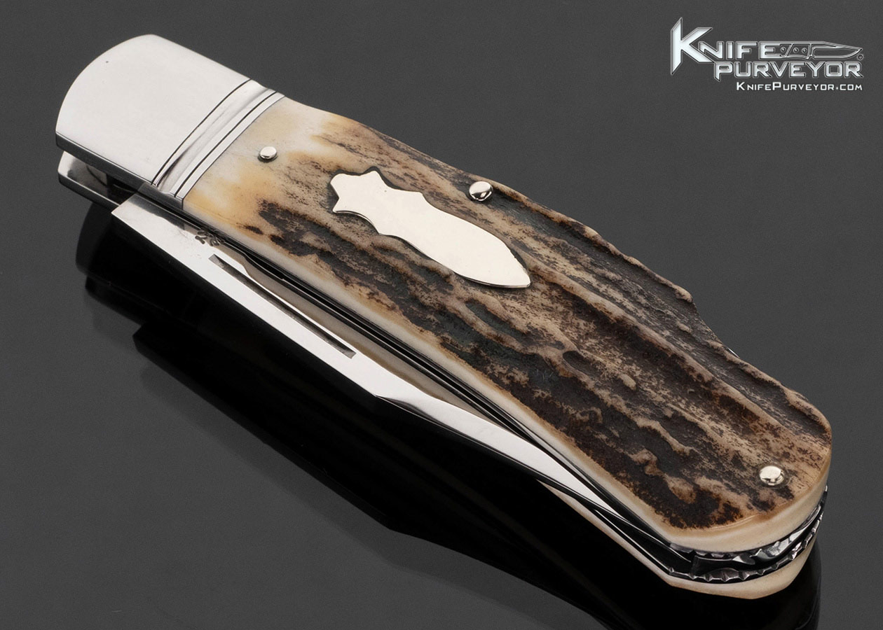 Dave "D.R." Davis Custom Knife Stag Lanny's Clip with Shield Escutcheon Lockback - Image 2