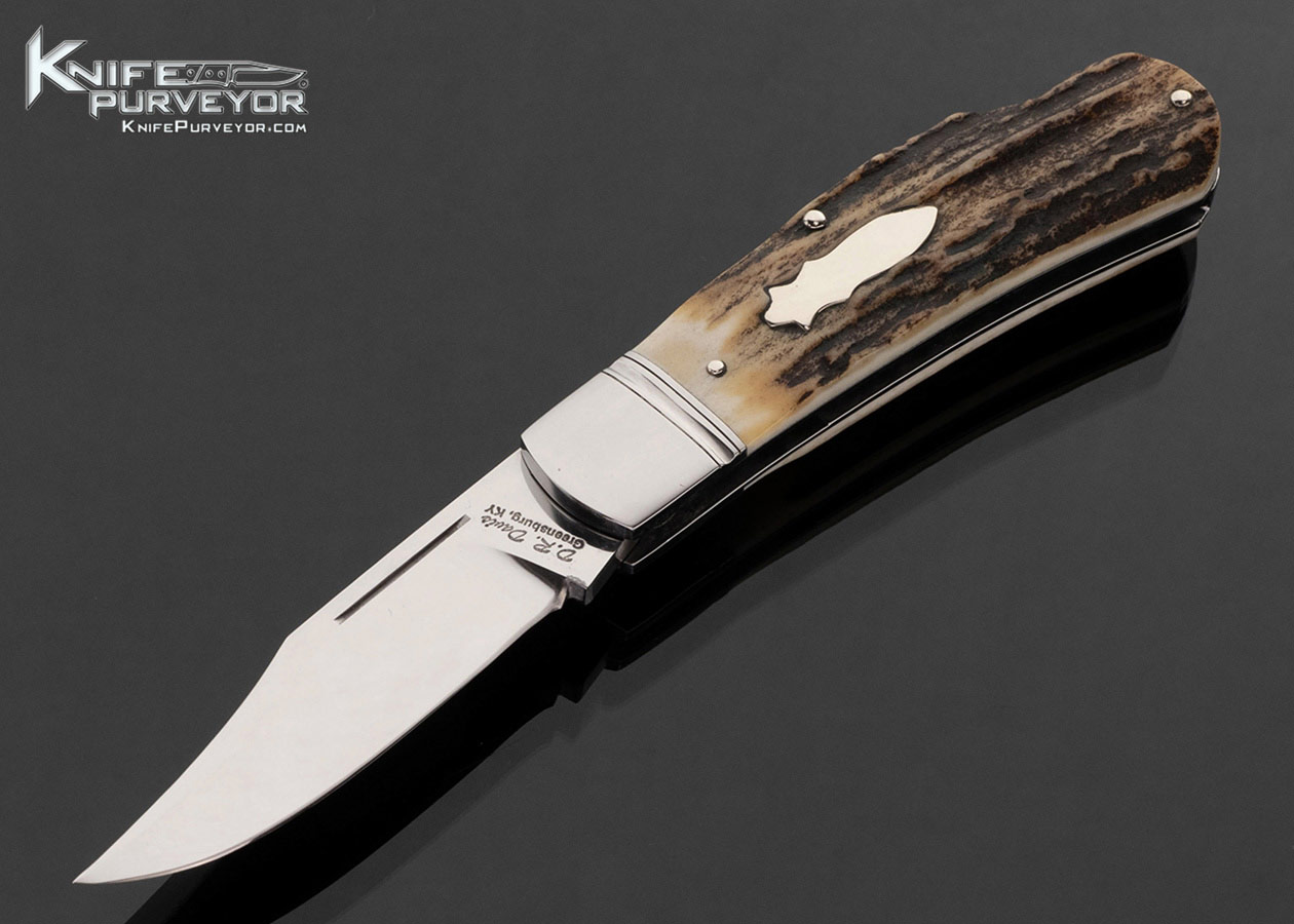 Dave "D.R." Davis Custom Knife Stag Lanny's Clip with Shield Escutcheon Lockback 17804