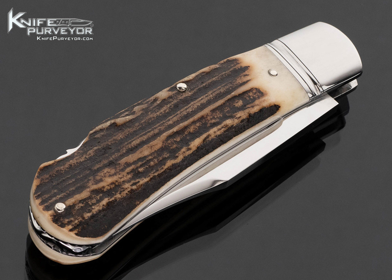 Dave "D.R." Davis Custom Knife Stag Lanny's Clip with Shield Escutcheon Lockback - Image 4
