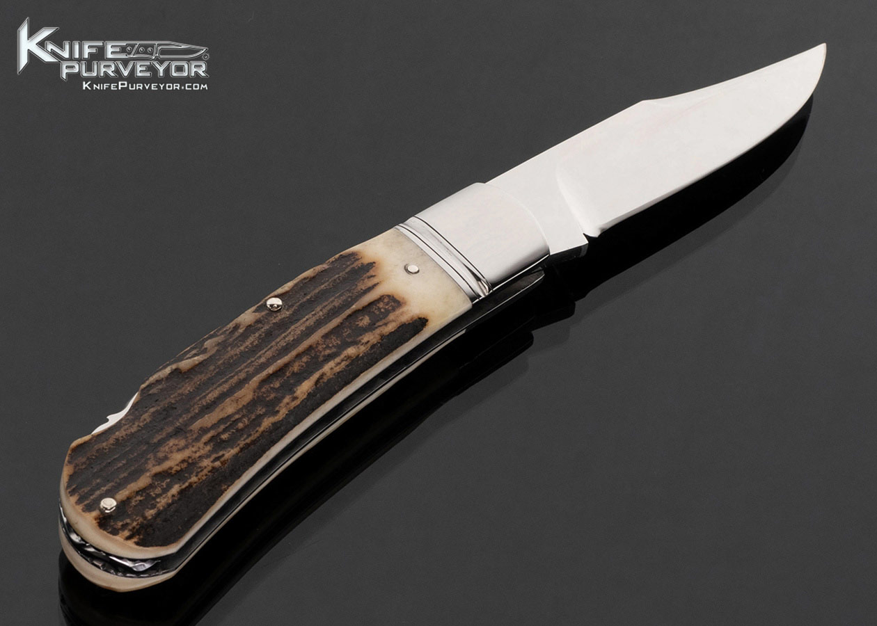 Dave "D.R." Davis Custom Knife Stag Lanny's Clip with Shield Escutcheon Lockback - Image 3