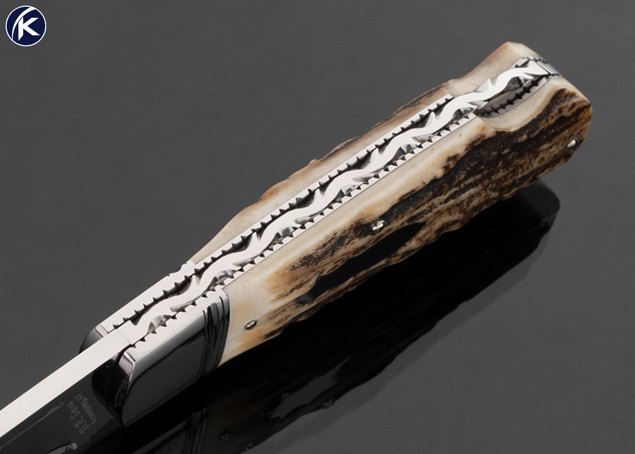 Dave "D.R." Davis Custom Knife Stag Lanny's Clip with Shield Escutcheon Lockback - Image 5