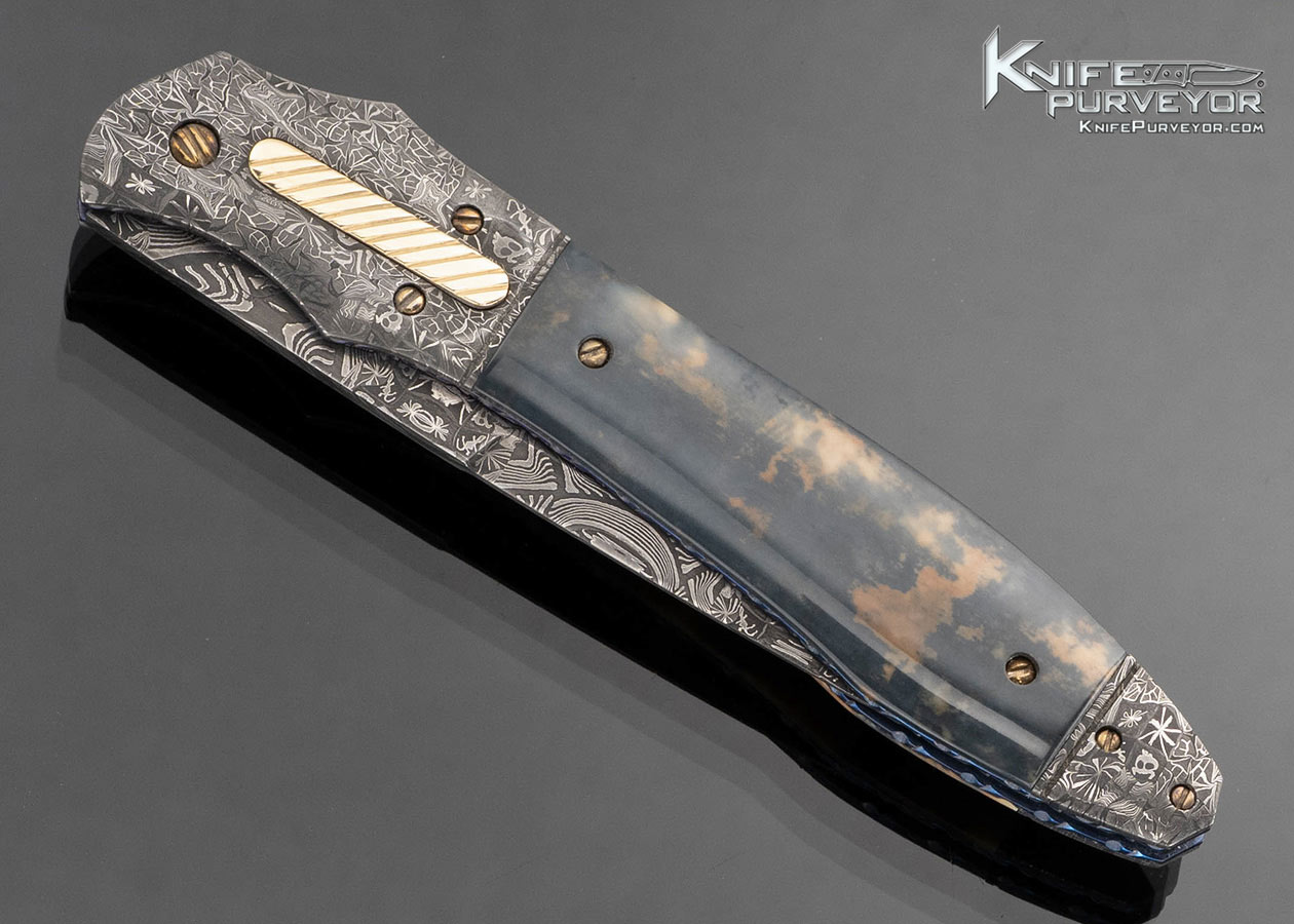 Don Hanson III Custom Knife Sole Authorship Damascus with Blue Fossil Walrus Automatic Linerlock with 14Kt Gold Accents - Image 2