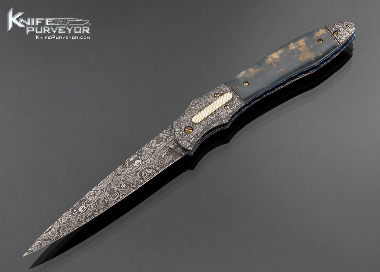 Don Hanson III Custom Knife Sole Authorship Damascus with Blue Fossil Walrus Automatic Linerlock with 14Kt Gold Accents 17486