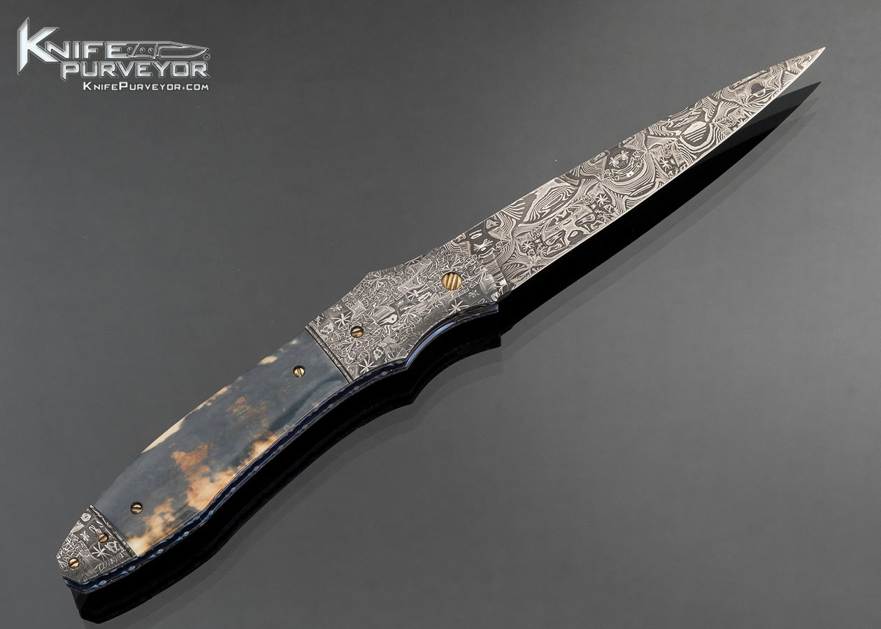 Don Hanson III Custom Knife Sole Authorship Damascus with Blue Fossil Walrus Automatic Linerlock with 14Kt Gold Accents - Image 3