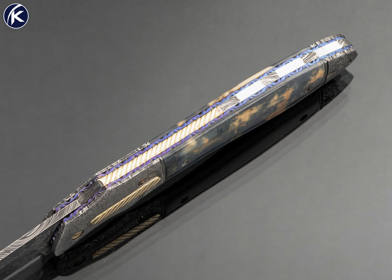 Don Hanson III Custom Knife Sole Authorship Damascus with Blue Fossil Walrus Automatic Linerlock with 14Kt Gold Accents - Image 4