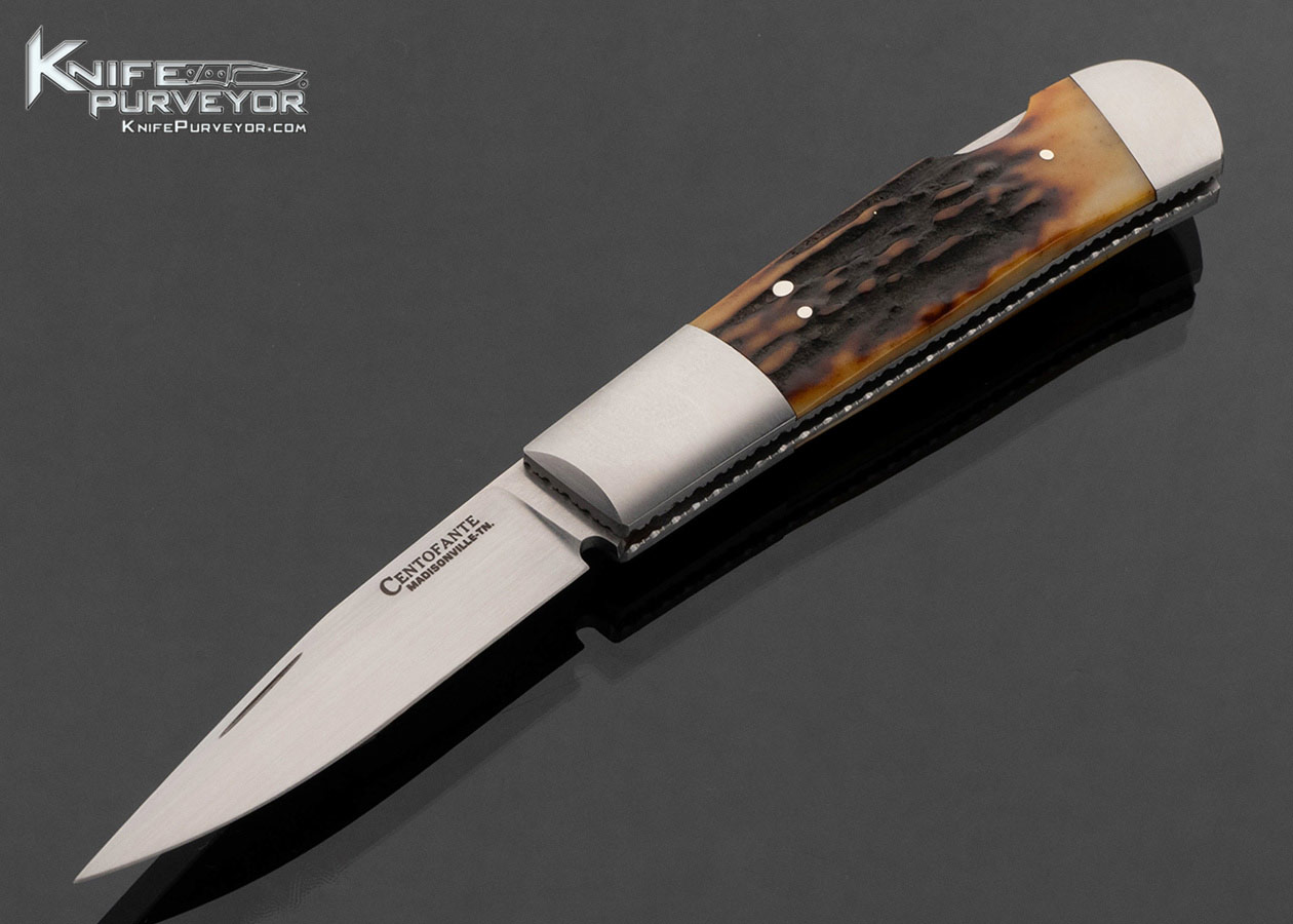 Frank Centofante Custom Knife Double Bolstered Amber Stag Lockback 17798