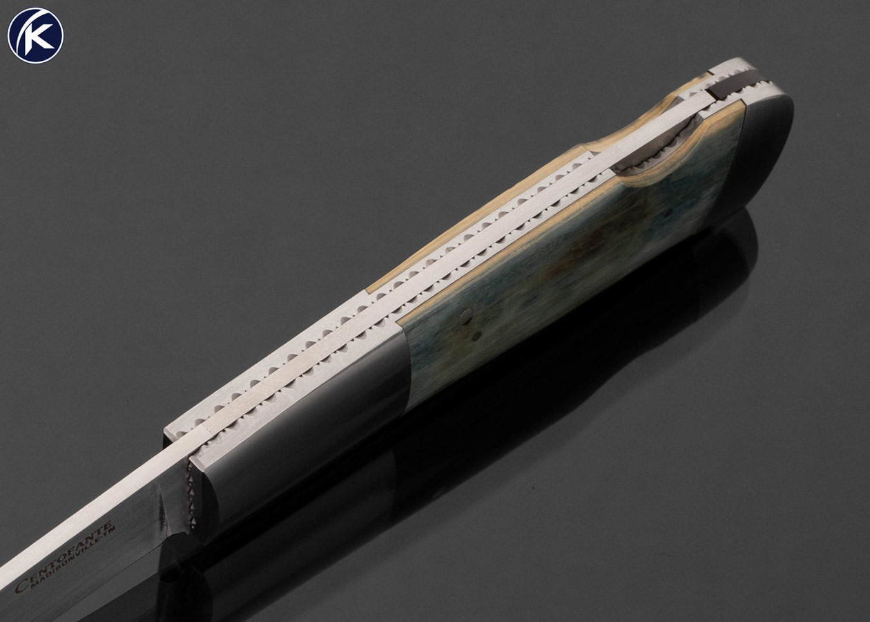 Frank Centofante Custom Knife Double Bolstered with Blue Wooly Mammoth Stamped "046" - Image 4