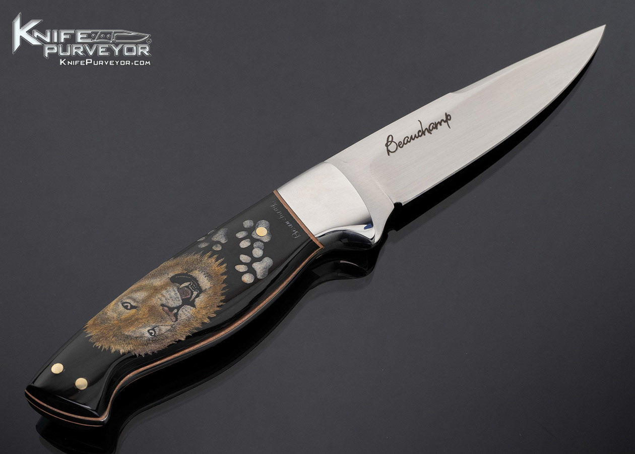 Gaetan Beauchamp Custom Knife Black Buffalo Horn and Sole Authorship Scrimshawed Lion Head with Sheath 17786