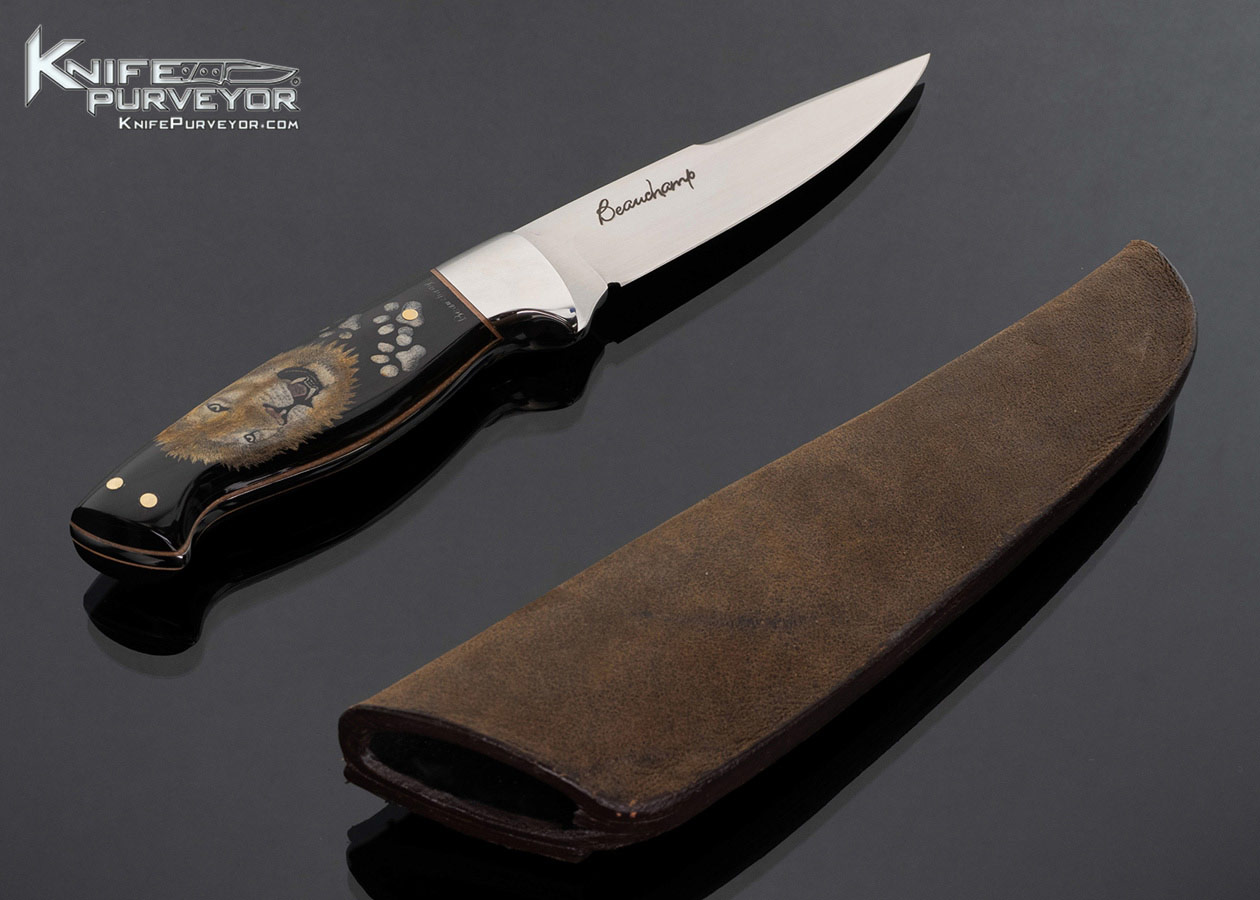 Gaetan Beauchamp Custom Knife Black Buffalo Horn and Sole Authorship Scrimshawed Lion Head with Sheath 17786