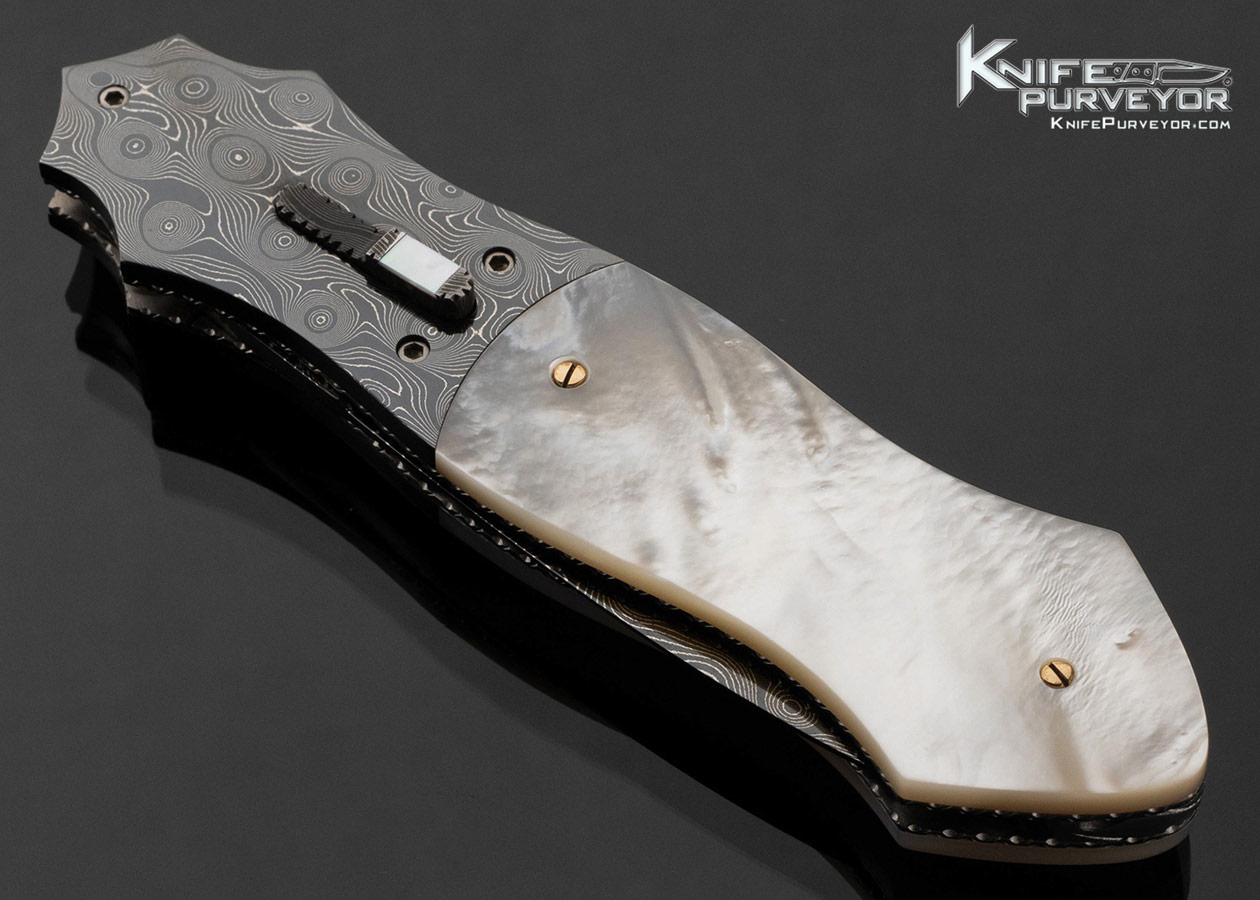 Gerald Corbit Custom Knife Blued Devon Thomas Damascus and Mother of Pearl Automatic Dagger Linerlock - Image 2