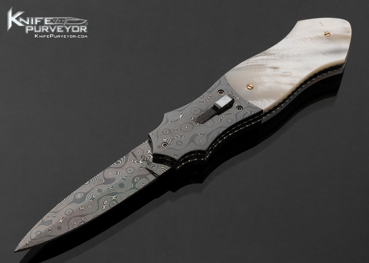 Gerald Corbit Custom Knife Blued Devon Thomas Damascus and Mother of Pearl Automatic Dagger Linerlock 17799