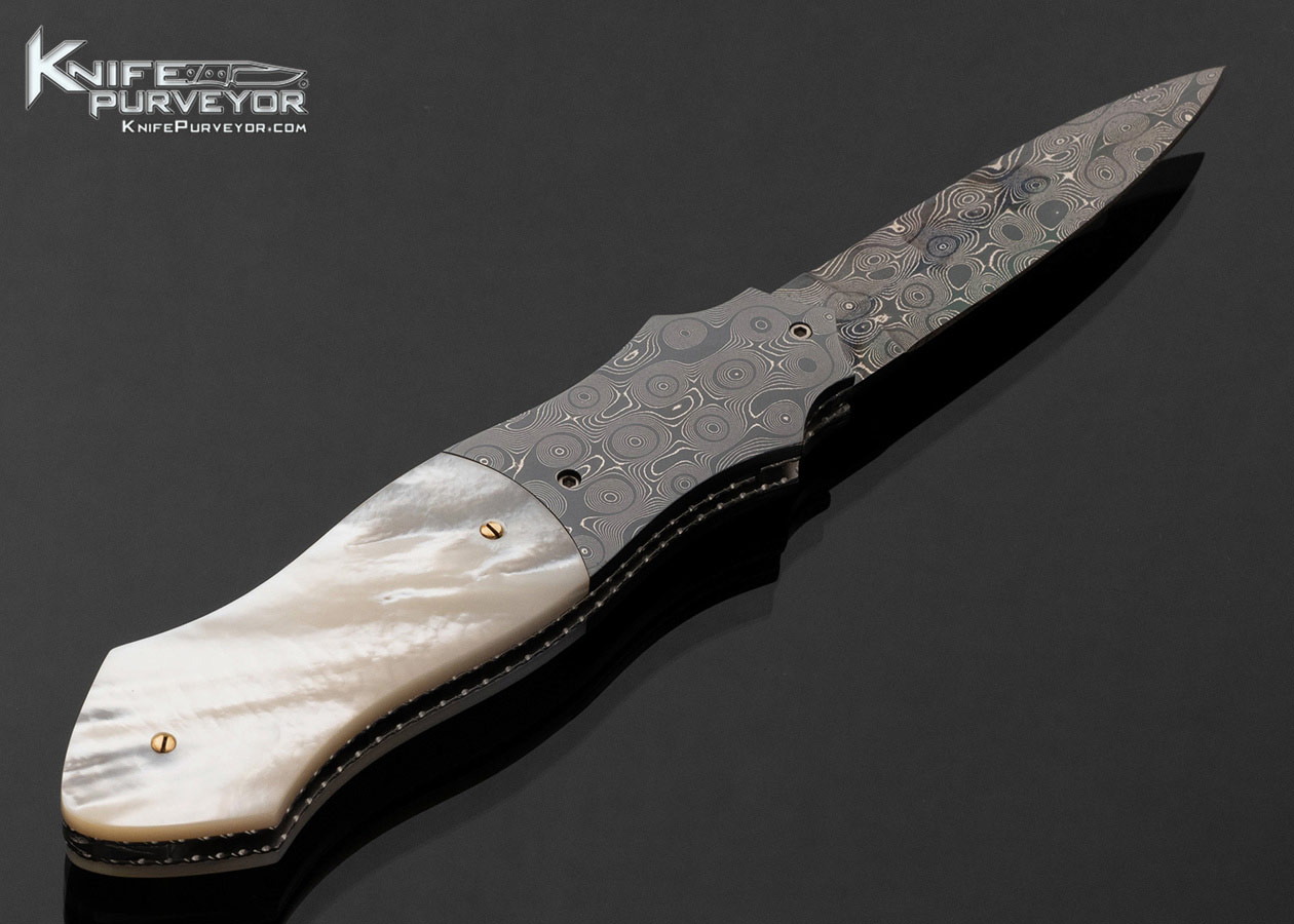 Gerald Corbit Custom Knife Blued Devon Thomas Damascus and Mother of Pearl Automatic Dagger Linerlock - Image 3