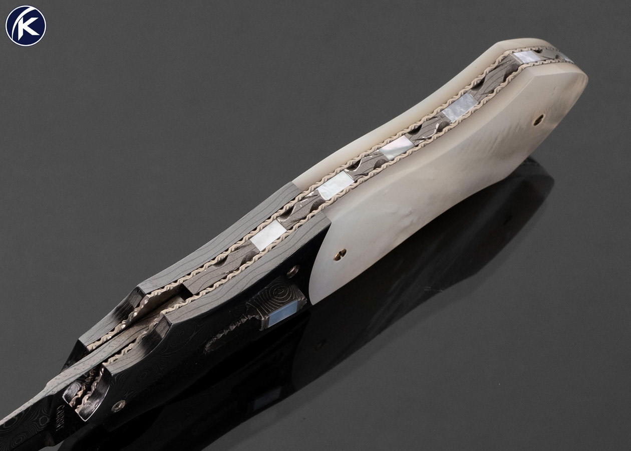 Gerald Corbit Custom Knife Blued Devon Thomas Damascus and Mother of Pearl Automatic Dagger Linerlock - Image 4