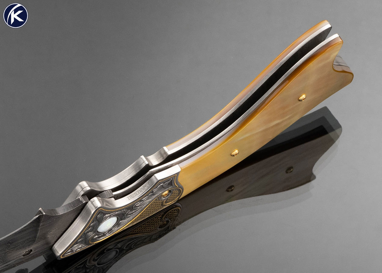 Jot Singh Khalsa Custom Knife Gold Lip Pearl Persian Linerlock Engraved by Julie Warenski with Gold Inlay and White Opal Insets - Image 6