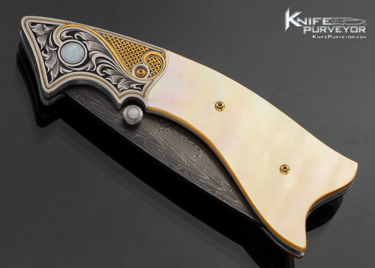 Jot Singh Khalsa Custom Knife Gold Lip Pearl Persian Linerlock Engraved by Julie Warenski with Gold Inlay and White Opal Insets - Image 2