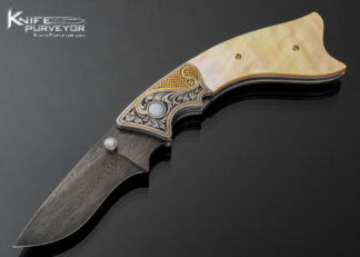 Jot Singh Khalsa Custom Knife Gold Lip Pearl Persian Linerlock Engraved by Julie Warenski with Gold Inlay and White Opal Insets