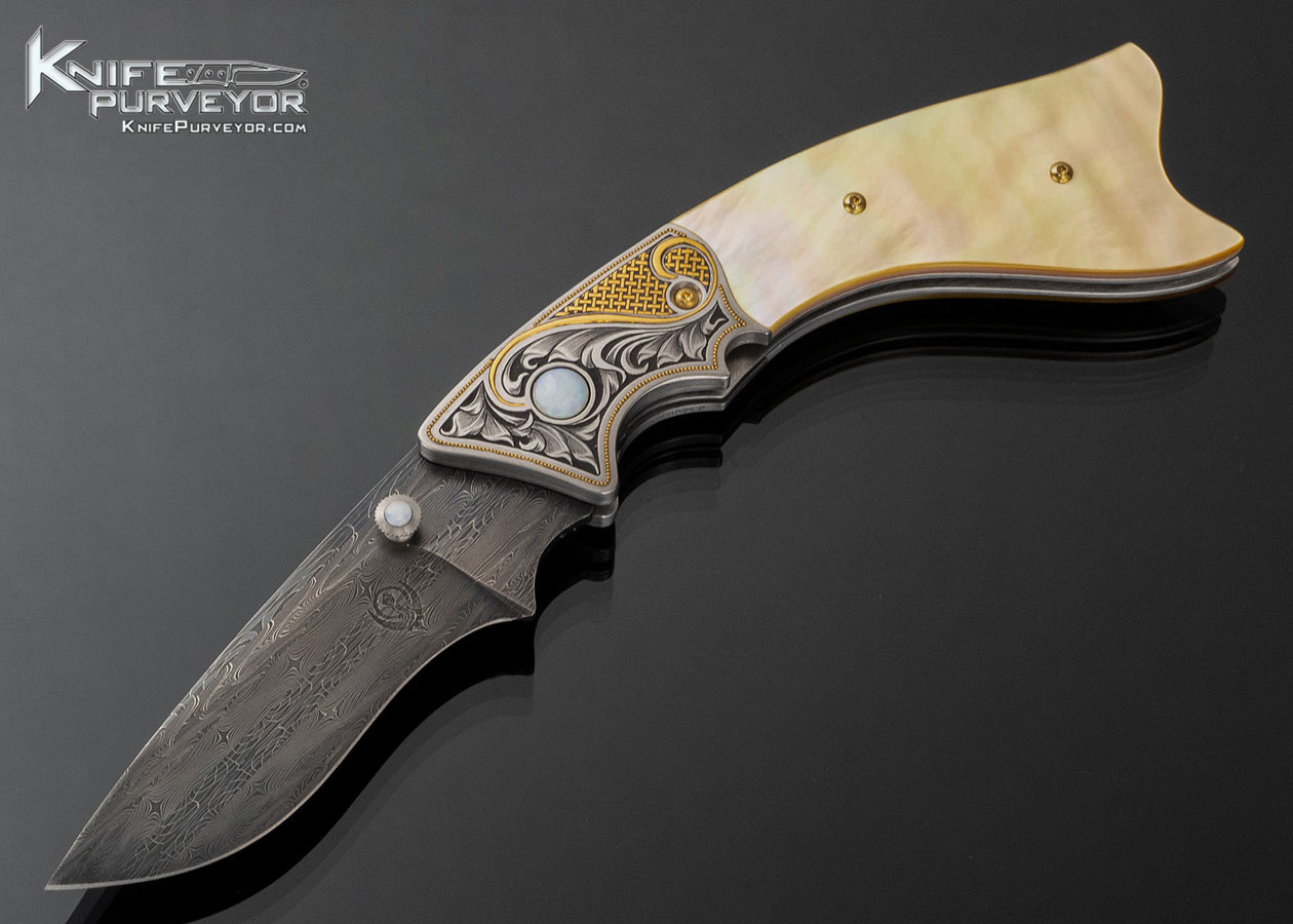 Jot Singh Khalsa Custom Knife Gold Lip Pearl Persian Linerlock Engraved by Julie Warenski with Gold Inlay and White Opal Insets