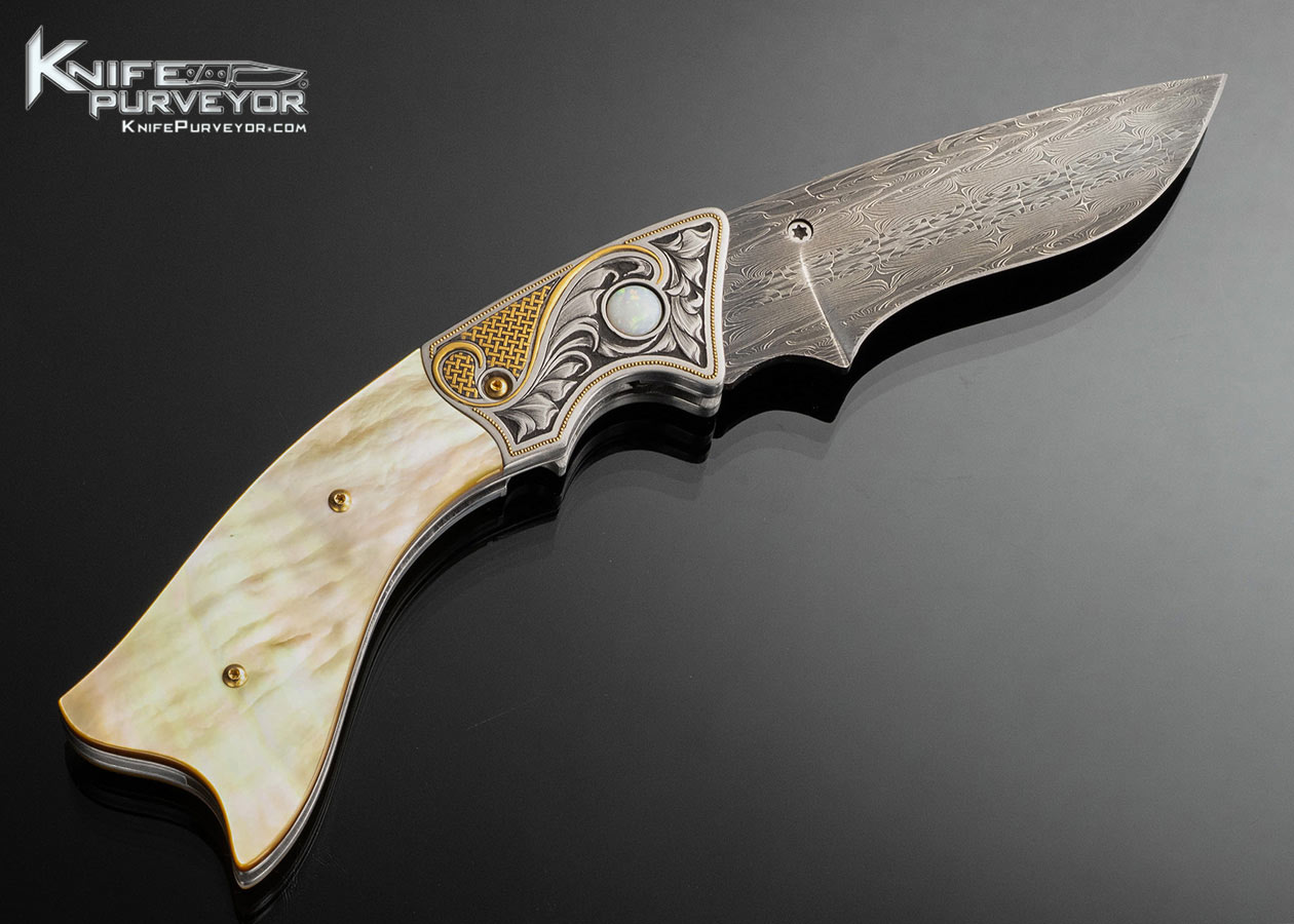 Jot Singh Khalsa Custom Knife Gold Lip Pearl Persian Linerlock Engraved by Julie Warenski with Gold Inlay and White Opal Insets - Image 3